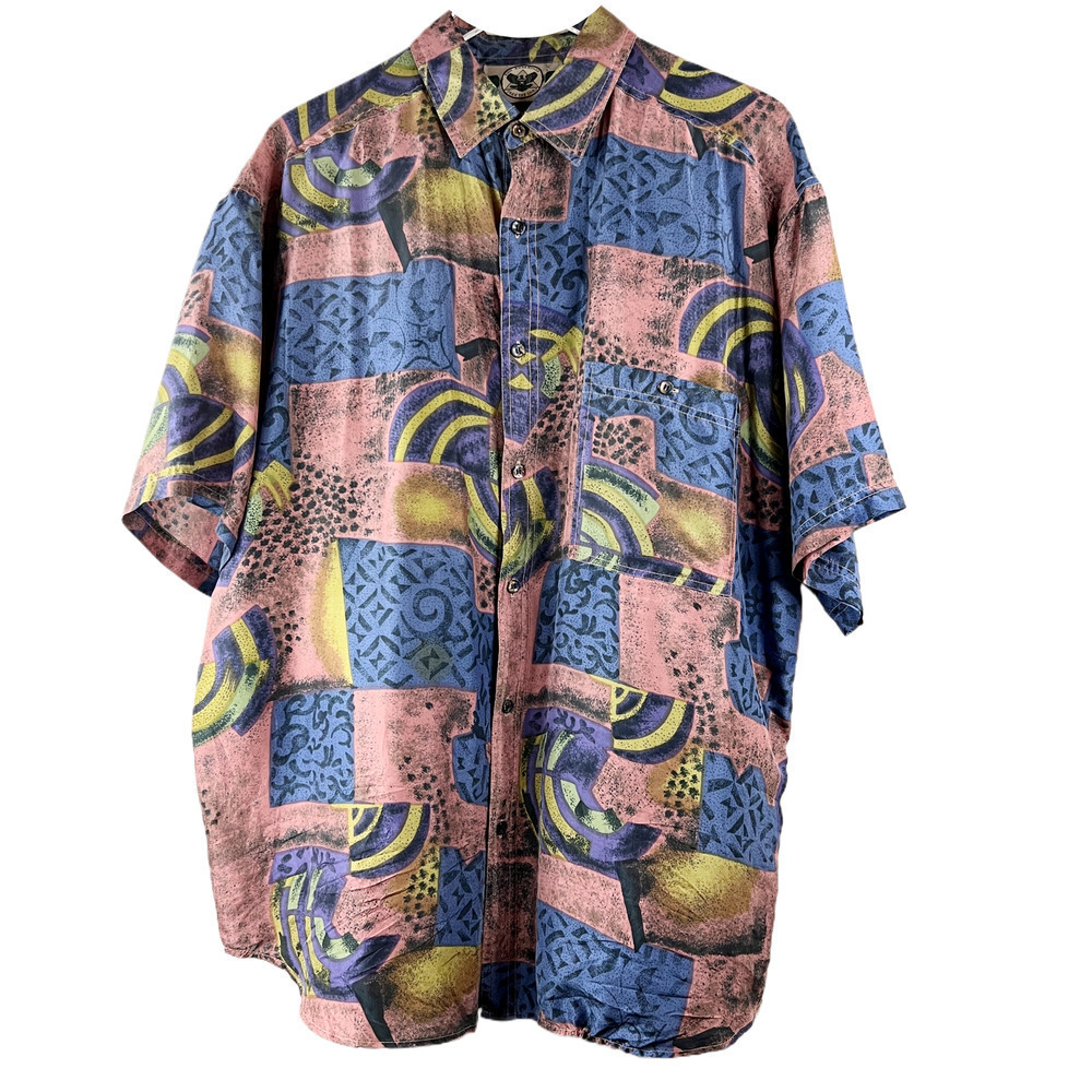 Vintage High Advantage Men's‎ Y2K 100% Silk Geometric Short Sleeve Shirt Size L